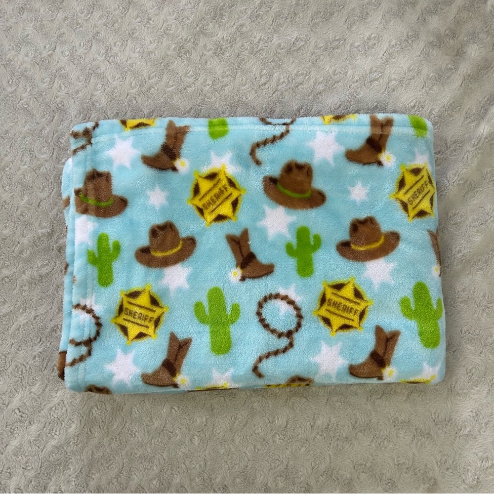 Baby Essentials Sheriff Badge Blanket Blue Cowboy Hat Lasso Rope Cactus Western